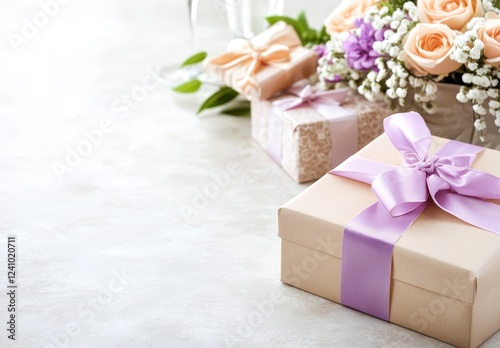 Light beige gift boxes with pastel purple ribbons, arranged with a bouquet of peach roses and small white flowers. The boxes are on a light gray