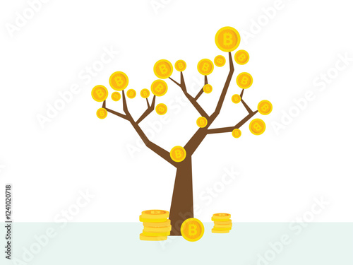 Vector illustration of bitcoin cryptocurrency growing on the money tree.