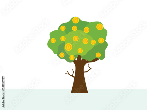 Vector illustration of bitcoin cryptocurrency growing on the money tree.