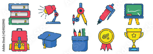 Colorful Educational Icons Collection Pack Elements With Filled Line Style