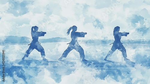 Martial arts experts displaying fluid watercolor katas on a calm azure platform photo