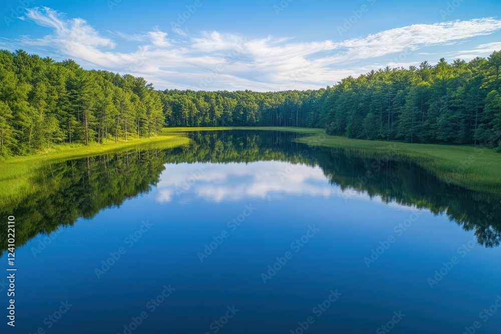aerial view captures a serene lake reflecting the blue sky and surrounding trees. the calm waters create a mirror-like effect, inviting viewers to experience nature's beauty from above aerial view captures a serene lake reflecting the blue sky and surrounding trees. the calm waters create a mirror-like effect, inviting viewers to experience nature's beauty from above