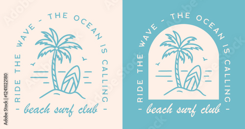 Surf club surfing surfer beach lover squad group class logo badge the Ocean is calling ride the wave. Boho retro vintage blue aesthetic minimalist illustration vector text for shirt design cut file.