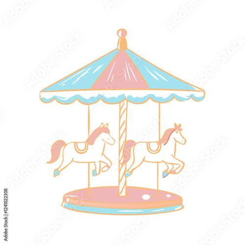 Icon of cute carousel with horses illustration in pastel colors on a white background