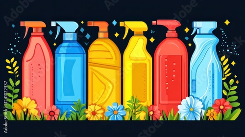 Wallpaper Mural Colorful pixel art cleaning products, various colors, bottles with spray nozzles, arranged in a horizontal row. Bordered by pixelated flowers and Torontodigital.ca