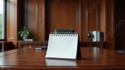 Calendar Mockup on Desk, Executive office dark wood paneling polished desk calendar clear background photorealistic.