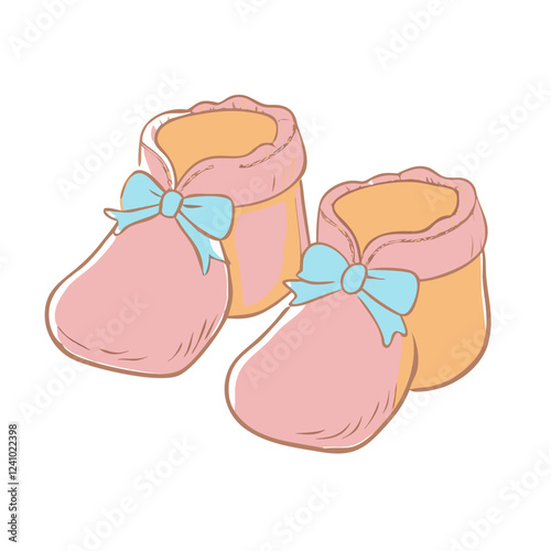 Icon of cute baby booties illustration with bows on a white background
