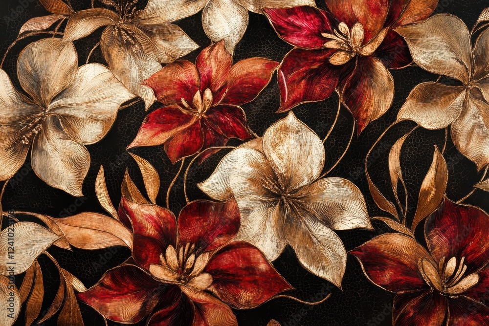 Fototapeta premium Elegant floral artwork with gold and red hues.
