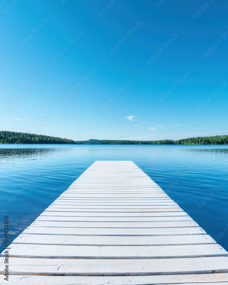 serene wooden dock extends into calm lake under clear blue sky serene wooden dock extends into calm lake under clear blue sky