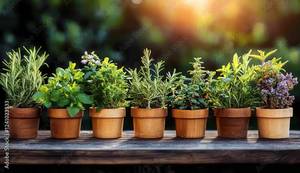 Row of small potted herbs in terracotta pots, including rosemary, mint, thyme, and lavender, arranged on a weathered wooden surface outdoors under a Row of small potted herbs in terracotta pots, including rosemary, mint, thyme, and lavender, arranged on a weathered wooden surface outdoors under a