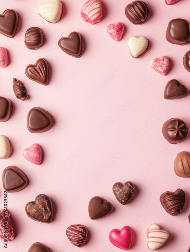 Fototapeta premium A Symphony of Hearts: A Delightful Collection of Exquisite Chocolate Hearts, Beautifully Displayed on a Pastel Pink Surface, Creating a Scene of Pure Romance and Sweet Indulgence