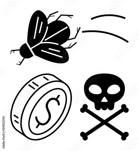 Black fly, skull with crossed bones, and coin with dollar sign symbolize mortality, financial instability, danger, and decay. Ideal for warnings, hazards, mortality loss danger finance abstract