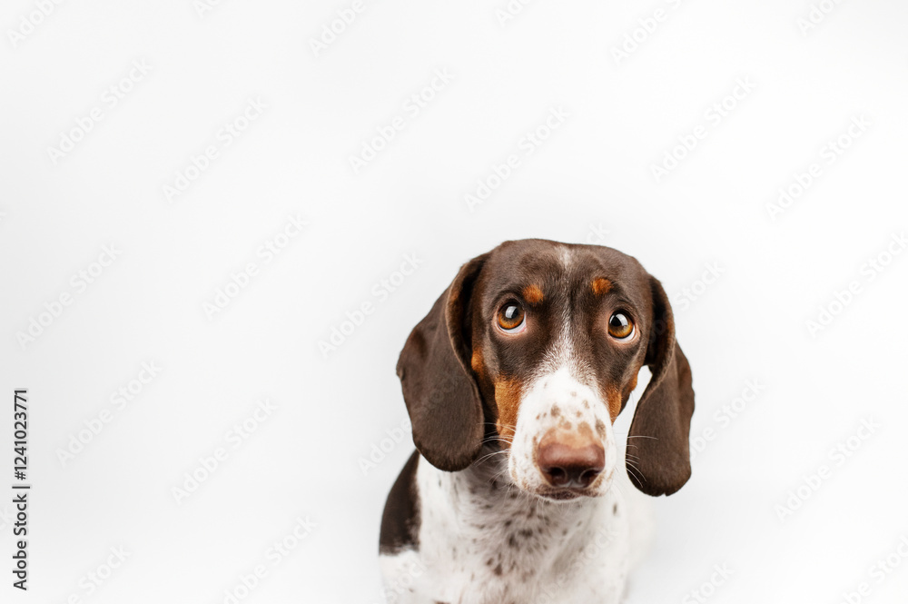 Dachshund piebald dog looking up with sad or interested eyes, funny pet photo in studio Dachshund piebald dog looking up with sad or interested eyes, funny pet photo in studio