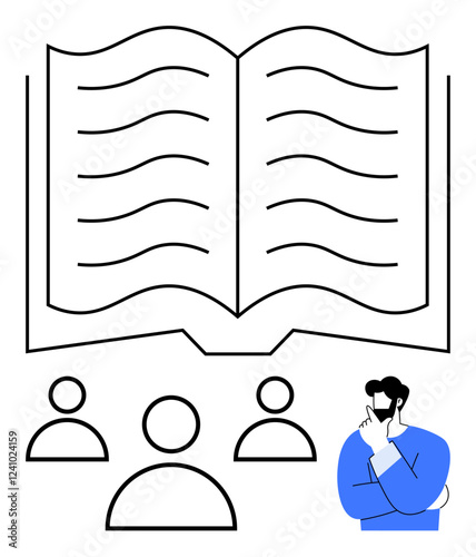 Open book with lines, three user figures, and a thoughtful man in blue pose. Ideal for education, teamwork, leadership, learning, reading, decision-making abstract line flat metaphor