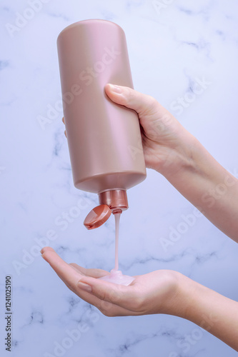 Woman hand pouring cleansing shampoo in brown bottle. Haircare, therapy, hygiene concept