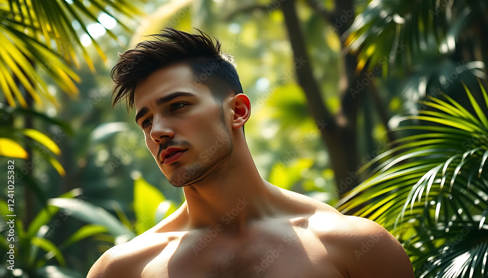 handsome man in the tropical woods handsome man in the tropical woods