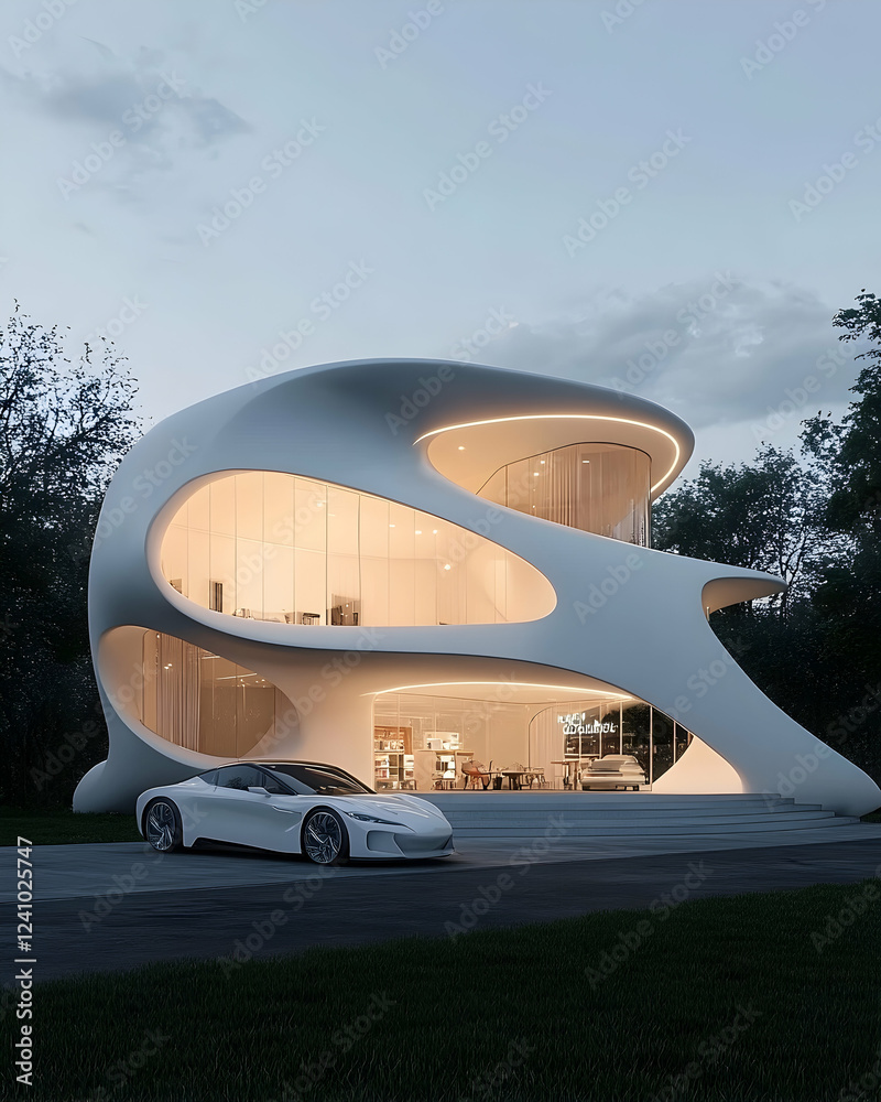 Futuristic modern architecture home design, sleek white car parked outside, illuminated windows at dusk. Futuristic modern architecture home design, sleek white car parked outside, illuminated windows at dusk.