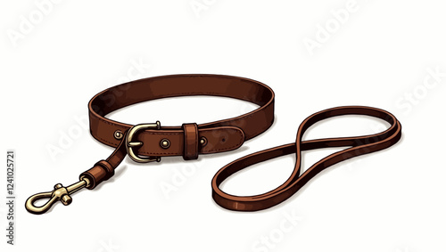 Simple pet, cat, dog buckle collar and leash made of thick brown leather, sketch vector illustration isolated on white background. Hand drawn brown leather leash, lead and collar for pets, dogs, cats