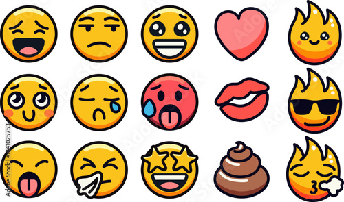 A collection of expressive emojis including happy, sad, and heart symbols.
