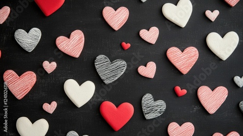Whimsical and playful heart doodles scattered across a chalkboard style black background creating a romantic and festive Valentine s Day mood  The hand drawn sketchy hearts in various shades of red