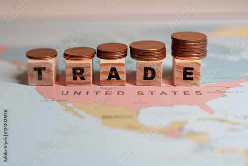 Wooden blocks spelling TRADE are arranged in a rising graph pattern, each topped with a stack of coins, over a map of the United States photo