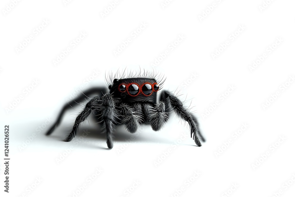 Fototapeta premium Hairy jumping spider with red eyes on white background, macro photography closeup view showing detailed texture of arachnid body and legs, isolated specimen.