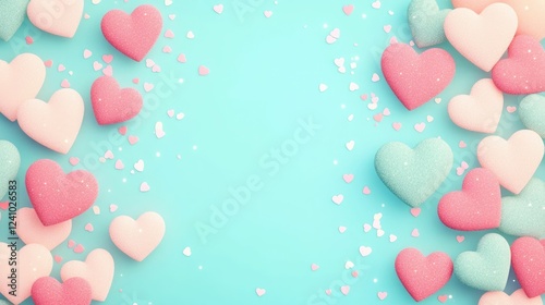 Soft pastel colored hearts in shades of pink and mint overlapping with a subtle shimmery overlay creating a romantic dreamy abstract background texture