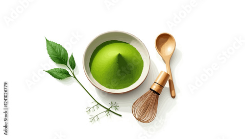 Top view set of matcha powder bowl, wooden spoon and whisk, green tea leaf, sketch vector illustration isolated on white background. Realistic hand drawing of matcha green tea preparation accessories