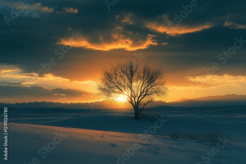 Solitary tree silhouetted against dramatic desert sunset landscape.