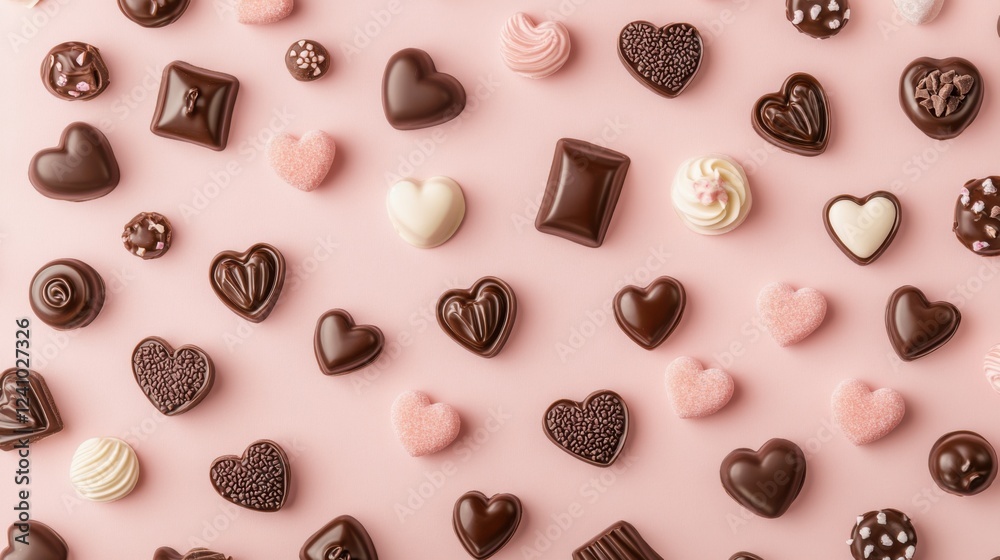 Fototapeta premium A Symphony of Hearts: A Delightful Collection of Exquisite Chocolate Hearts, Beautifully Displayed on a Pastel Pink Surface, Creating a Scene of Pure Romance and Sweet Indulgence