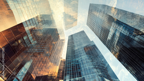 Dynamic double exposure of corporate buildings reaching towards sky, showcasing modern architecture and reflective glass surfaces, creating vibrant urban atmosphere