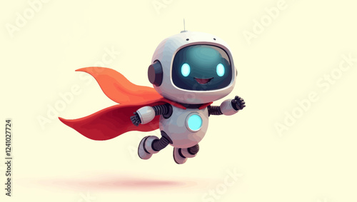 Chat bot robot flies in a red cape, AI assistance superhero 3D vector icon. Online education, distance studying. Artificial intelligence machine, customer support service robots technology