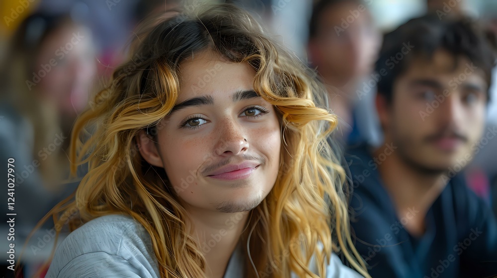 Fototapeta premium Young Caucasian woman with wavy blonde hair smiling warmly at camera while sitting in audience or classroom, natural lighting highlights genuine expression.