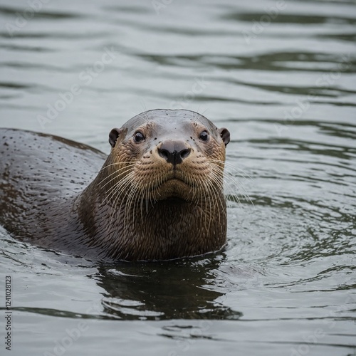 A giant river otter floating on its back, pure white background.