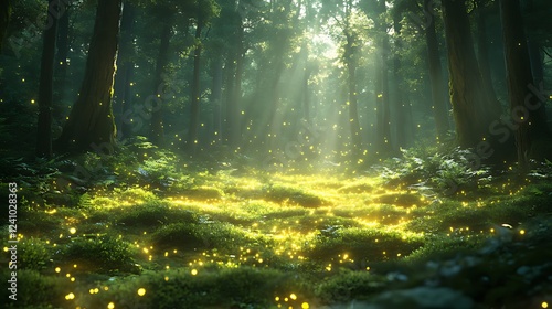 Enchanting forest fireflies glowing at dawn, nature background