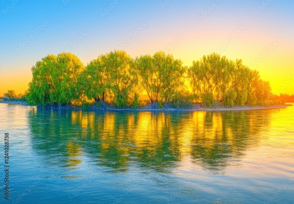 Fototapeta premium Sunrise over a tranquil river with a line of lush green trees on a small island, reflections of the golden light on the water's surface creating a