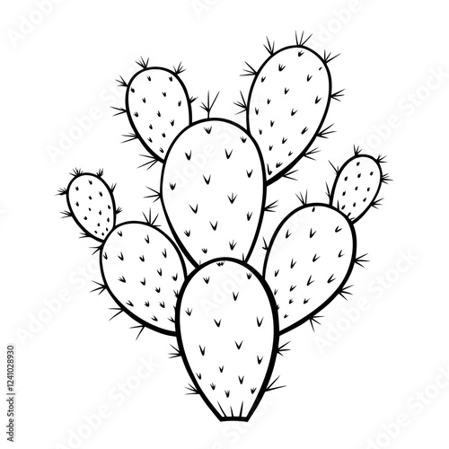 Prickly pear cactus illustration in black and white on a simple background