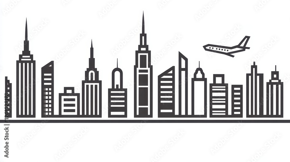 Naklejka premium Simple black and white line art cityscape, featuring various skyscrapers and an airplane in the sky. A minimalist design style with clean lines and