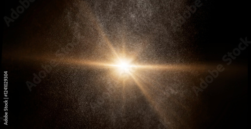 Golden light rays shining through cosmic dust and particles, creating a beautiful and ethereal effect