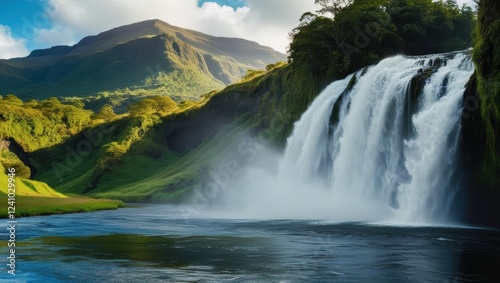 Majestic waterfall in nature, winding river, lush green forest, and towering mountains, refreshing atmosphere.