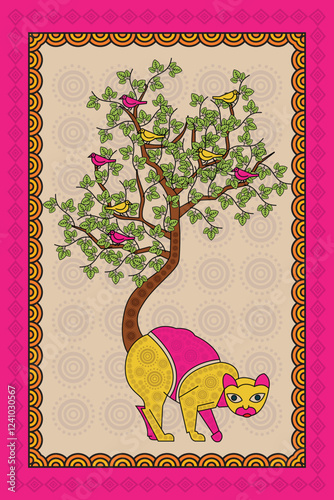Madhubani Art Decor: Bring a Touch of Playfulness with Cat and Tree Art. Madhubani art, Mithila painting, Indian folk art, Madhubani cat tree