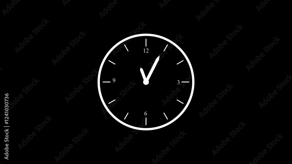Clock isolated animation white color on black background, Analog counting down clock 
