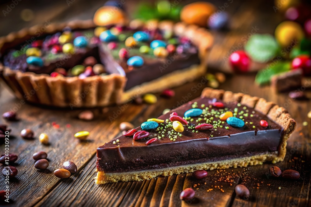 Fototapeta premium Delicious Chocolate Tart with Sprinkles: Double Exposure Stock Photo