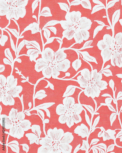 Delicate floral lace pattern on coral background, perfect for romantic designs