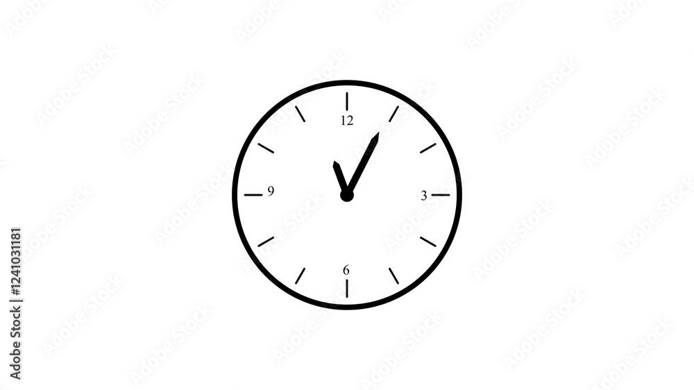 Flat clock isolated animation, counting down black simple clock animated on white background