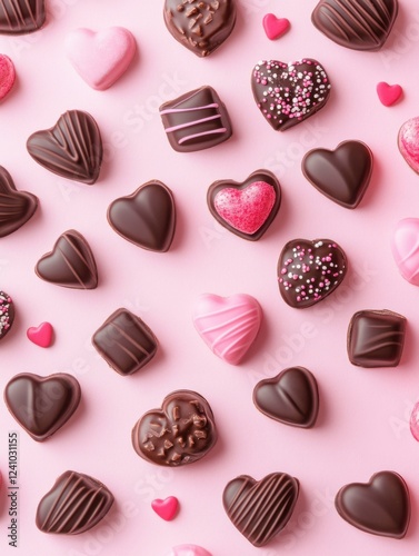 A Symphony of Hearts: A Delightful Collection of Exquisite Chocolate Hearts, Beautifully Displayed on a Pastel Pink Surface, Creating a Scene of Pure Romance and Sweet Indulgence