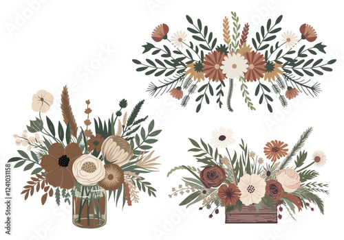 A boo-inspired vector illustration of a celebration floral arrangement. The arrangement features earthy tones, dried flowers,