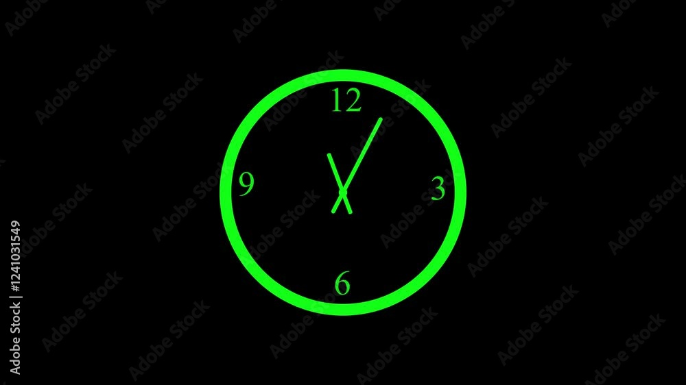 Flat clock isolated animation, counting down green simple clock animated on black background Flat clock isolated animation, counting down green simple clock animated on black background