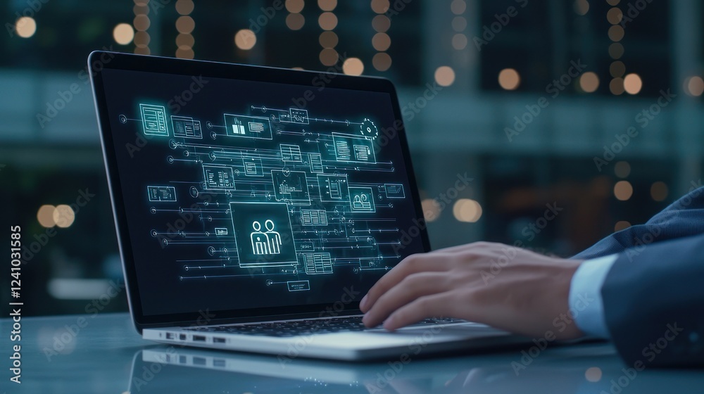 Businessman Working on Laptop with Glowing Data Interface Businessman Working on Laptop with Glowing Data Interface