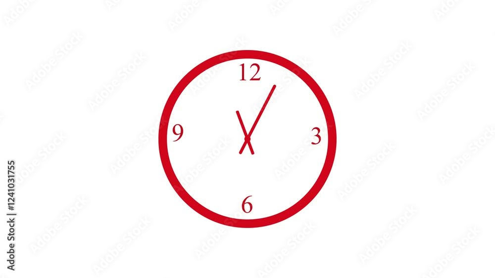Flat clock isolated animation, counting down red clock animated on black background
